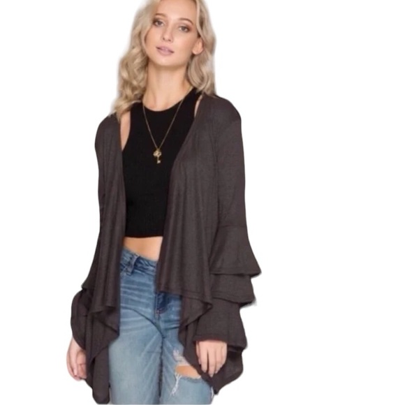 Everly Lightweight Charcoal Grey Open Cardigan with Ruffled Sleeves Size Medium - Picture 7 of 8